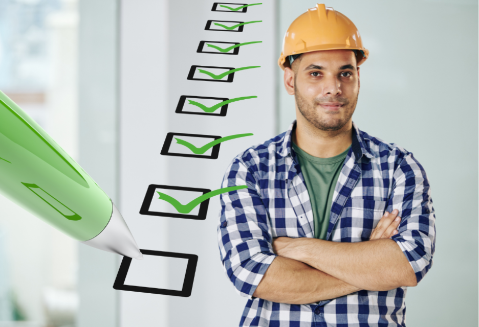 Construction professional wearing a hard hat beside a checklist with completed items, representing quality control, inspections, and project completion.